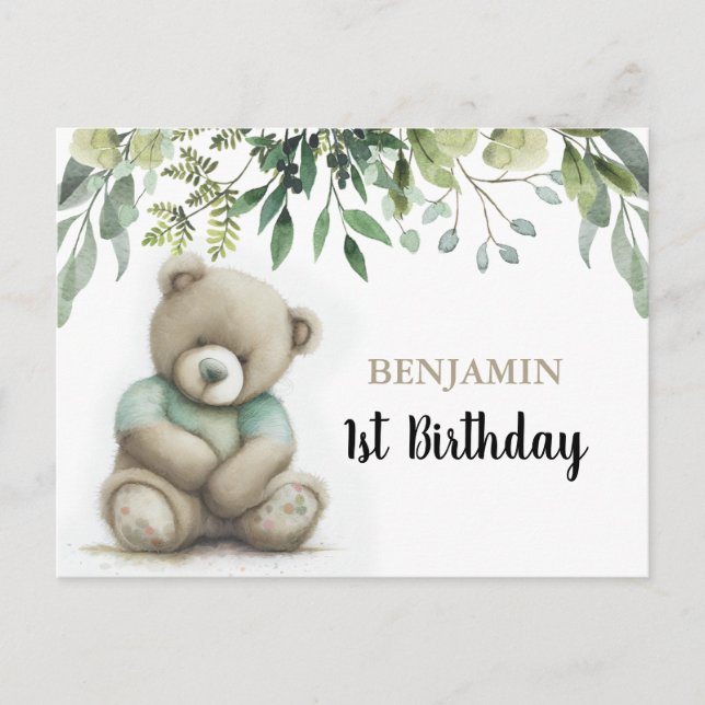 Cute Any Age Watercolor Teddy Bear Leaves Birthday Postcard (Front)