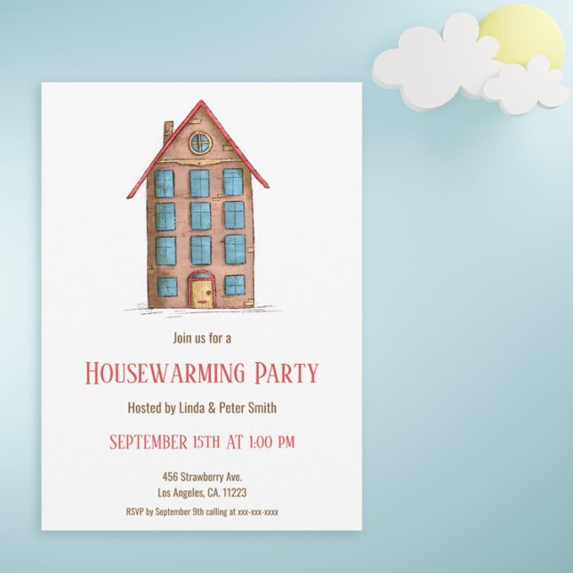 Cute Apartment Building New Home Housewarming Invitation (Simple housewarming party invitation with an illustration of an apartment building)