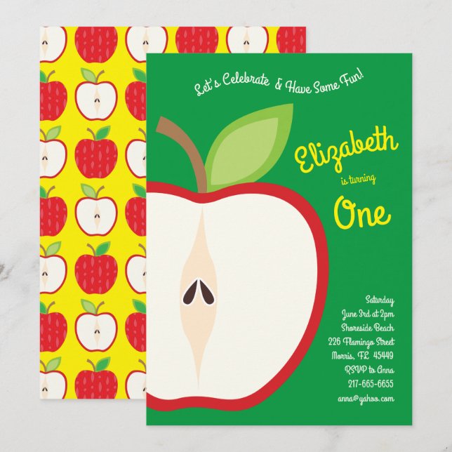 Cute Apple Fruit Kids 1st Birthday Party Fall Invitation (Front/Back)
