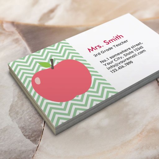 Customizable Cute Apple Green Chevron Teacher Business Card
