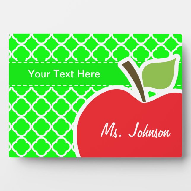 Cute Apple on Electric Green Quatrefoil Plaque (Front)