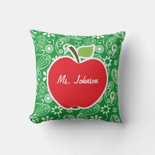 Cute Apple on Kelly Green Paisley Throw Pillow