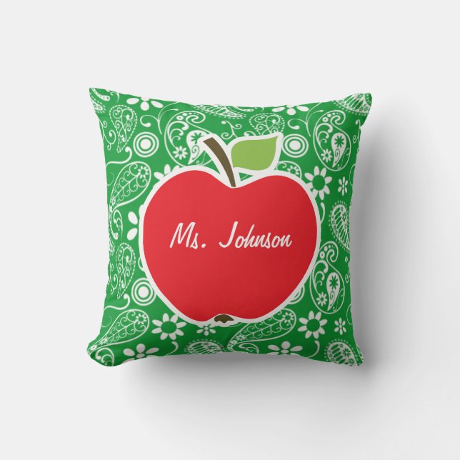 Cute Apple on Kelly Green Paisley Throw Pillow (Front)