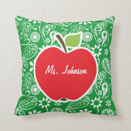 Cute Apple On Kelly Green Paisley Throw Pillow