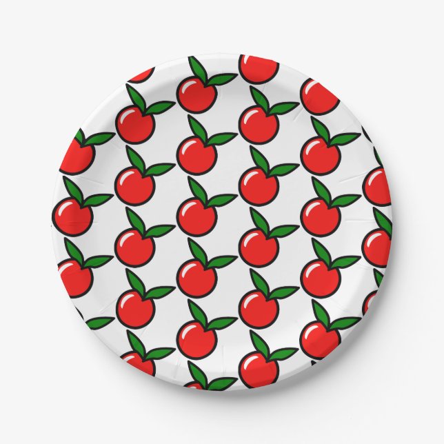 Cute Apple or Cherry, Fun Kitchen Fruit Cartoon Paper Plates (Front)
