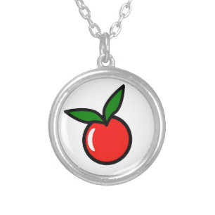 Cute Apple or Cherry, Fun Kitchen Fruit Cartoon Silver Plated Necklace