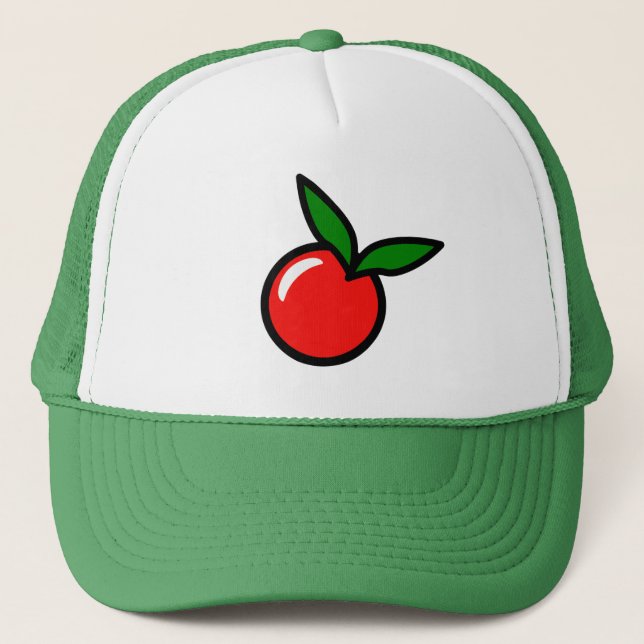 Cute Apple or Cherry, Fun Kitchen Fruit Cartoon Trucker Hat (Front)