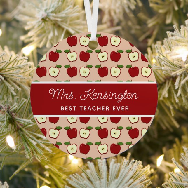 Cute Apple Pattern Teacher Appreciation Photo Metal Ornament (Insitu)