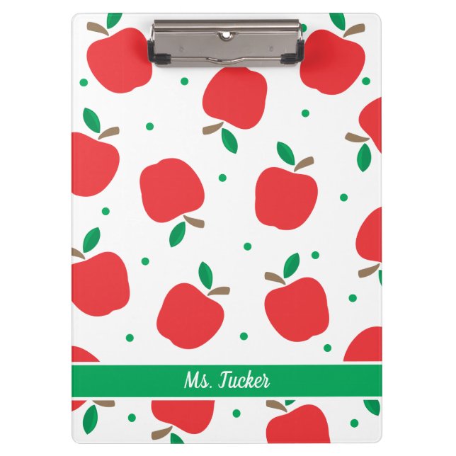 Cute Apple Pattern Teacher Name Red Green Clipboard (Front)