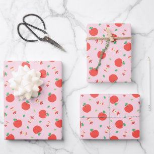 Cute Apple Pattern with Pink Background Wrapping Paper Sheets