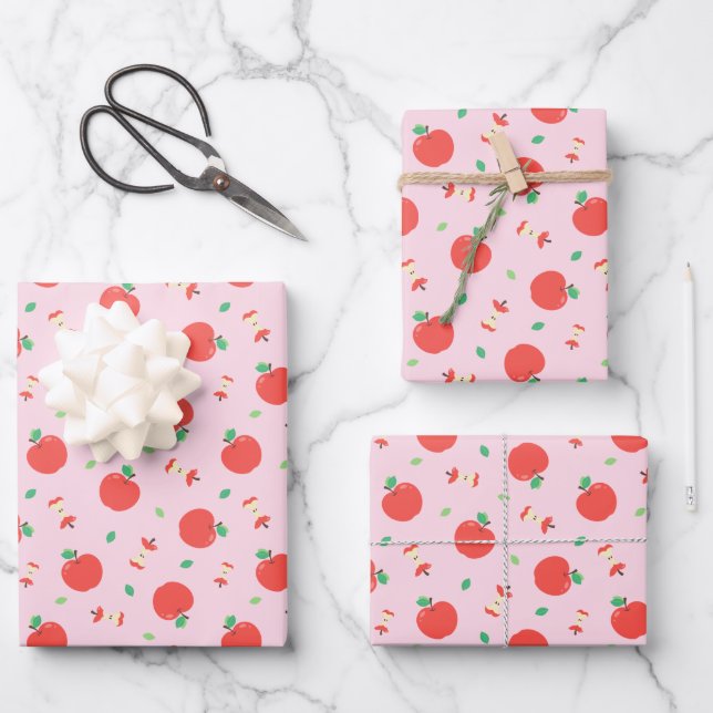 Cute Apple Pattern with Pink Background Wrapping Paper Sheets (Front)
