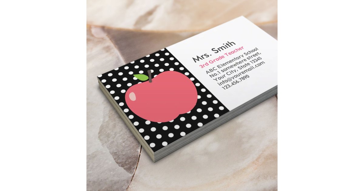 Cute Apple Polka Dots Teacher Business Card | Zazzle