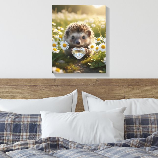 Cute April Hedgehog with Diamond Heart Canvas Print (Insitu(Bedroom))