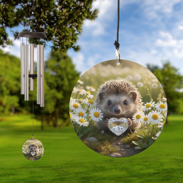 Cute April Hedgehog with Diamond Heart Wind Chime (Outdoor)