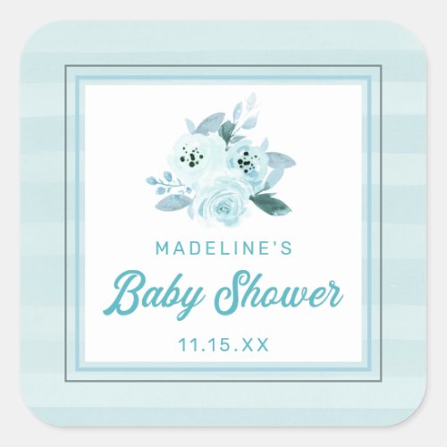 Cute Aqua  Baby Blue Floral Baby Shower Favor Square Sticker