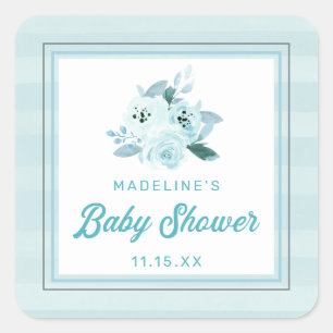 Cute Aqua & Baby Blue Floral Baby Shower Favor Square Sticker