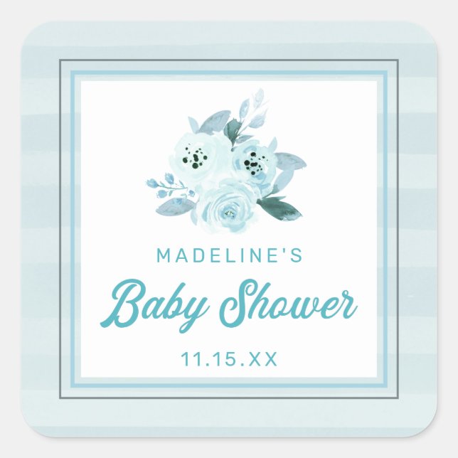 Cute Aqua & Baby Blue Floral Baby Shower Favor Square Sticker (Front)