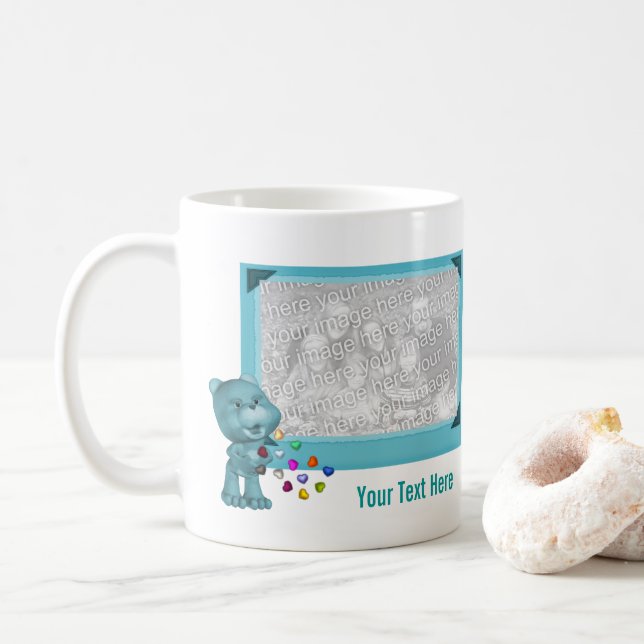 Cute Aqua Bear And Hearts Personalized Photo Coffee Mug (With Donut)