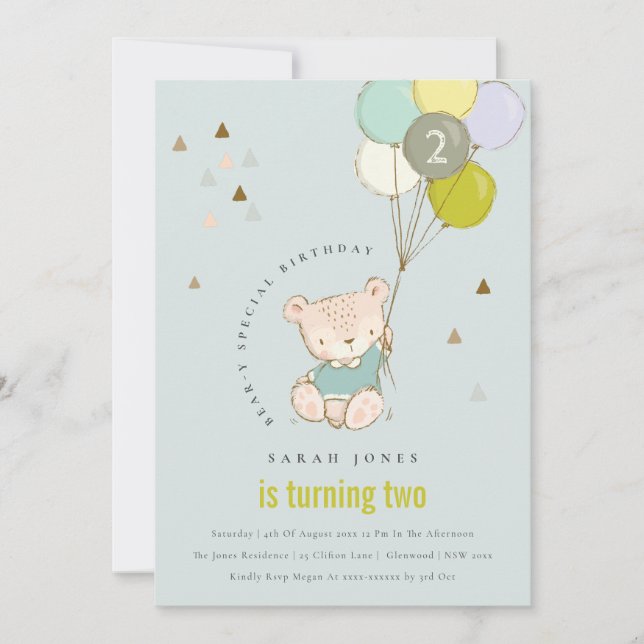 Cute Aqua Bear Balloon Any Age Birthday Invite (Front)
