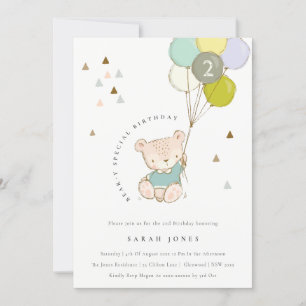 Cute Aqua Bear Balloon Any Age Birthday Invite