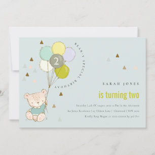 Cute Aqua Bear Balloon Any Age Birthday Invite