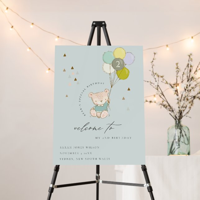 Cute Aqua Bear Balloon Any Age Birthday Welcome Foam Board (In Situ (Stand))
