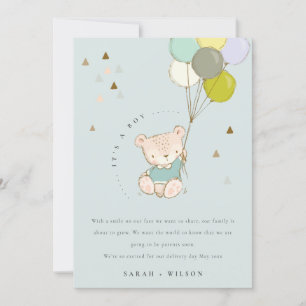 Cute Aqua Bear Balloon Baby Announcement Card