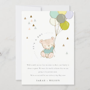 Cute Aqua Bear Balloon Baby Announcement Card