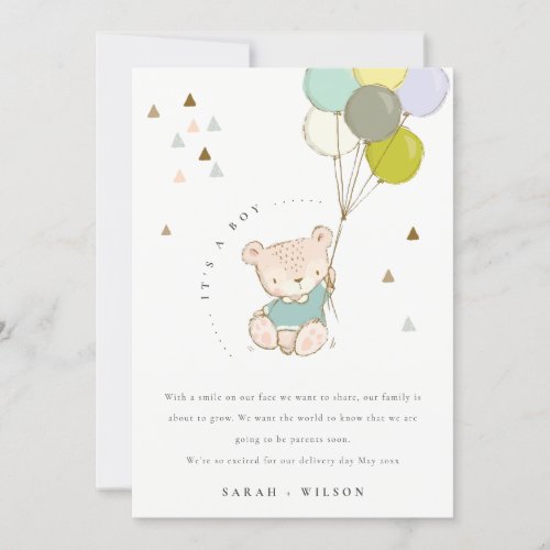 Cute Aqua Bear Balloon Baby Announcement Card