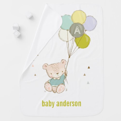 Cute Aqua Bear Balloon Boys Monogram Baby Kids Baby Blanket