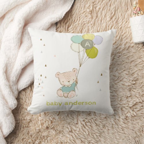 Cute Aqua Bear Balloon Boys Monogram Baby Kids Throw Pillow