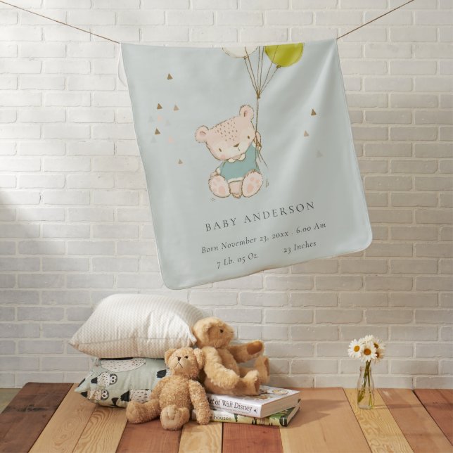Cute Aqua Bear Balloon Boys Monogram Baby Stat Baby Blanket (In Situ)