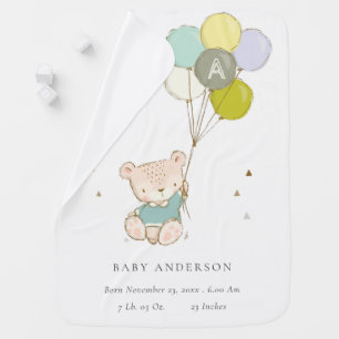 Cute Aqua Bear Balloon Boys Monogram Baby Stat Blanket