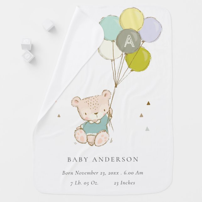 Cute Aqua Bear Balloon Boys Monogram Baby Stat Blanket (In Situ)