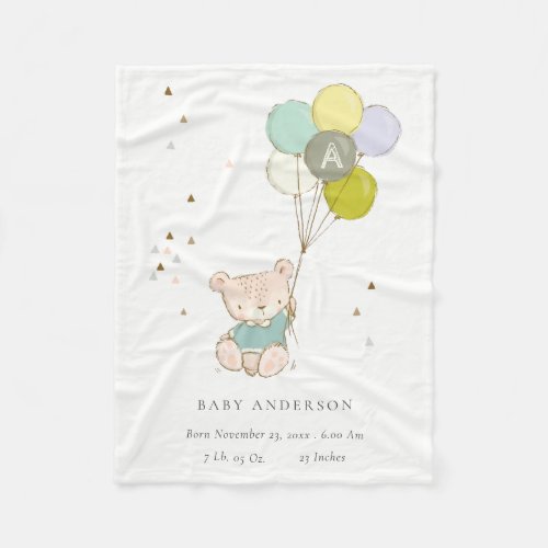 Cute Aqua Bear Balloon Boys Monogram Baby Stat Fleece Blanket
