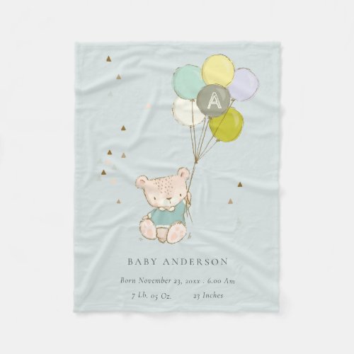 Cute Aqua Bear Balloon Boys Monogram Baby Stat Fleece Blanket