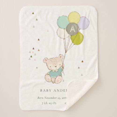Cute Aqua Bear Balloon Boys Monogram Baby Stat Sherpa Blanket