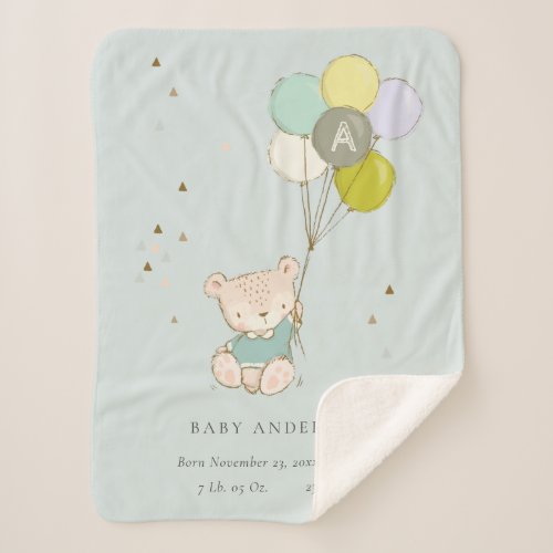 Cute Aqua Bear Balloon Boys Monogram Baby Stat Sherpa Blanket