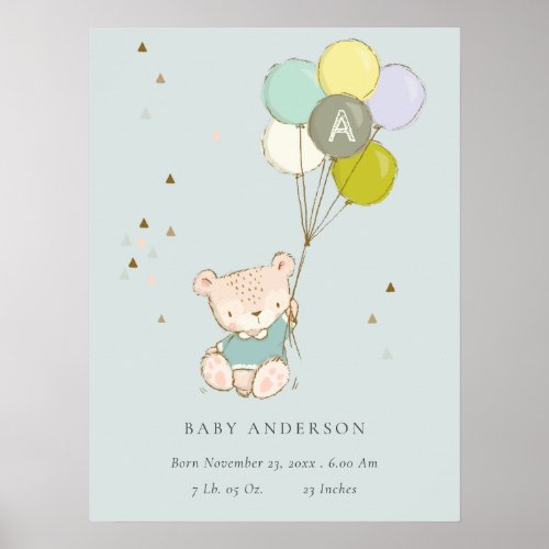 Cute Aqua Bear Balloon Boys Monogram Birth Stat Poster
