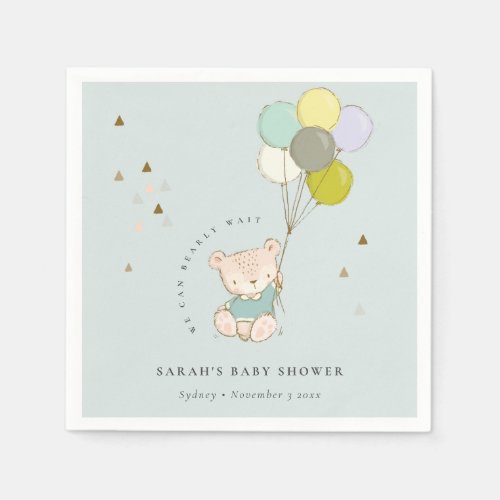 Cute Aqua Bearly Wait Bear Balloon Baby Shower Napkins