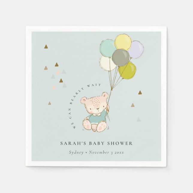 Cute Aqua Bearly Wait Bear Balloon Baby Shower Napkins (Front)