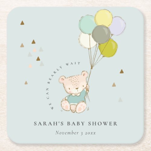 Cute Aqua Bearly Wait Bear Balloon Baby Shower Square Paper Coaster