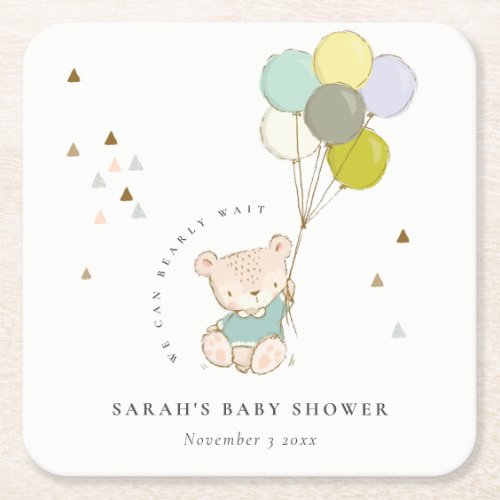 Cute Aqua Bearly Wait Bear Balloon Baby Shower Square Paper Coaster
