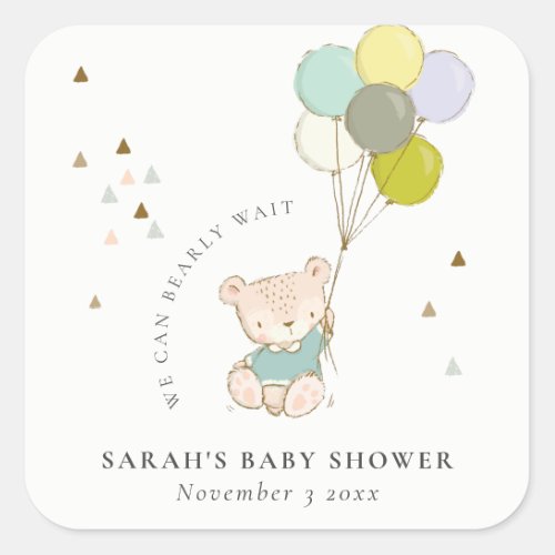 Cute Aqua Bearly Wait Bear Balloon Baby Shower Square Sticker