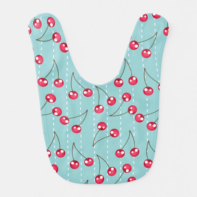 Cute Aqua Blue And Red Cherries Pattern Baby Bib (Front)