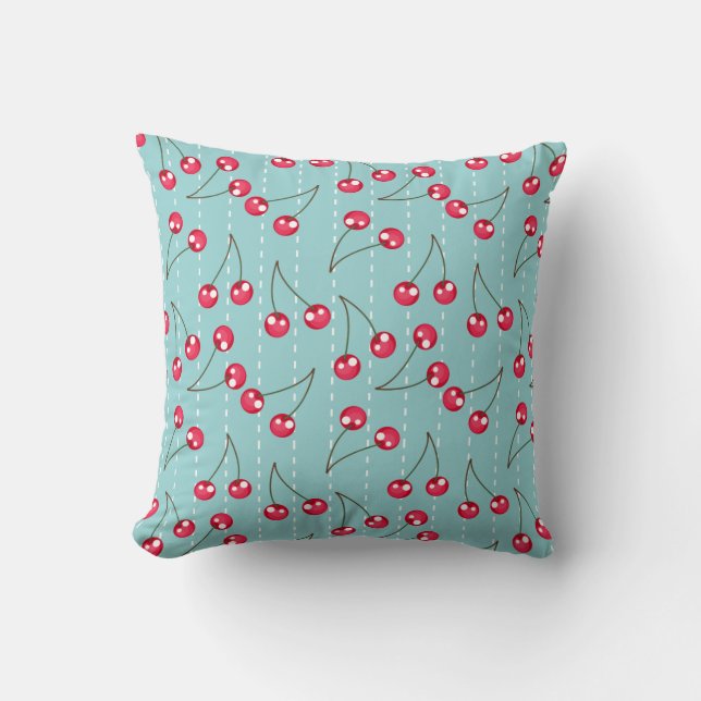 Cute Aqua Blue And Red Cherries Pattern Throw Pillow (Front)