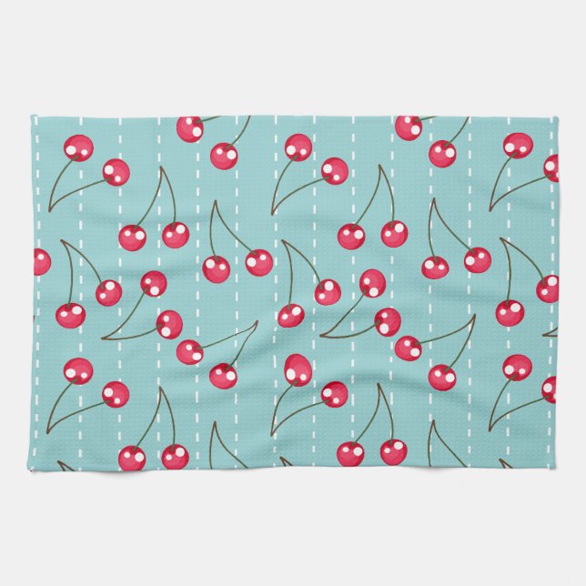 Cute Aqua Blue And Red Cherries Pattern Towel (Horizontal)