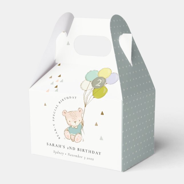 Cute Aqua Blue Bear Balloon Any Age Birthday Favor Boxes (Front Side)