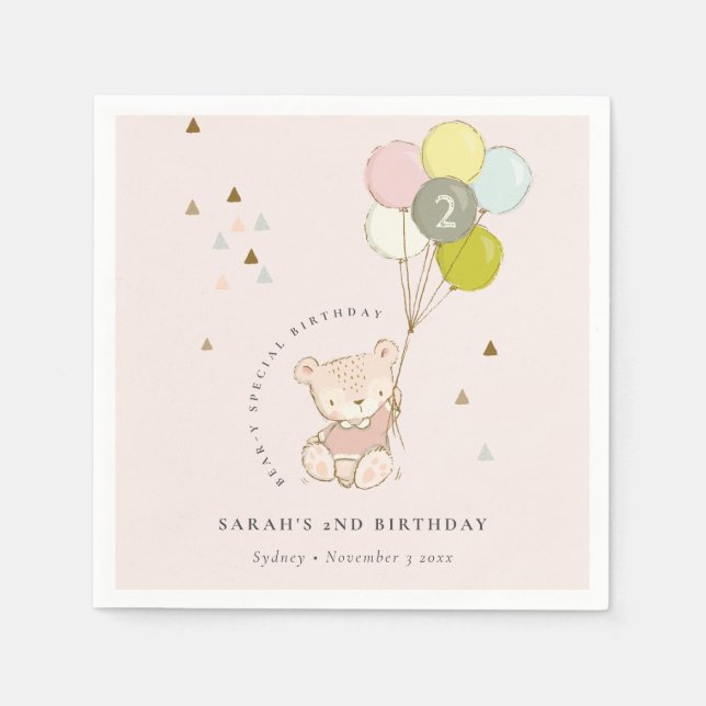 Cute Aqua Blue Bear Balloon Any Age Birthday Napkins (Front)