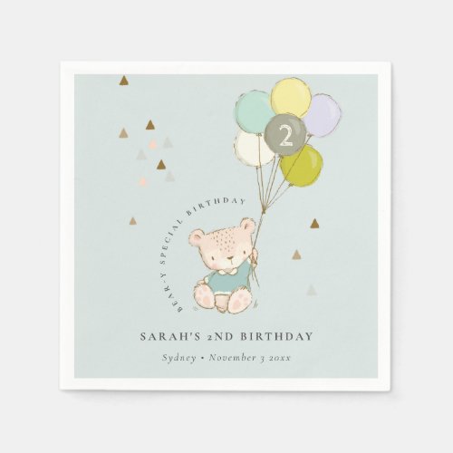 Cute Aqua Blue Bear Balloon Any Age Birthday Napkins